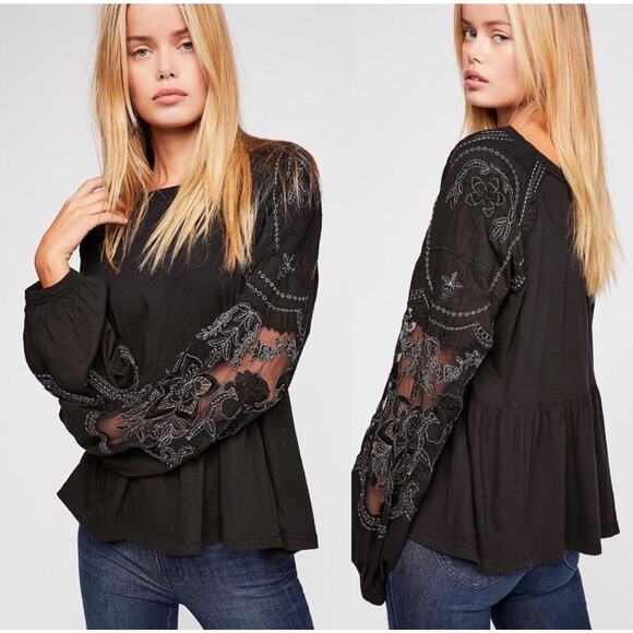 Free People: Boho Embroidered Penny Babydoll Tee - Picture 1 of 8